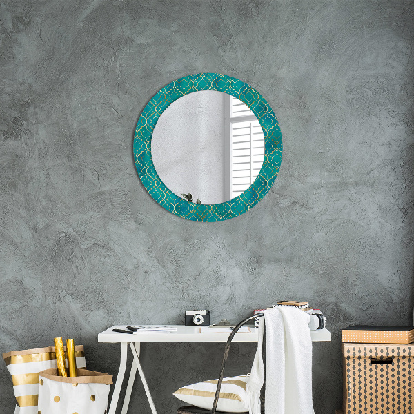 Round printed mirror Green and gold composition