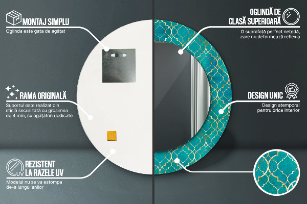 Round printed mirror Green and gold composition