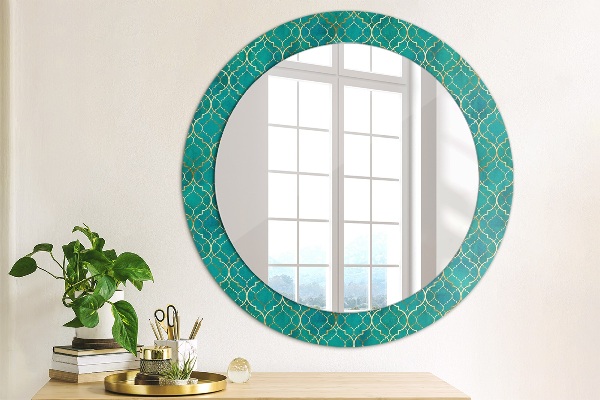 Round printed mirror Green and gold composition