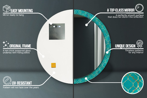 Round printed mirror Green and gold composition