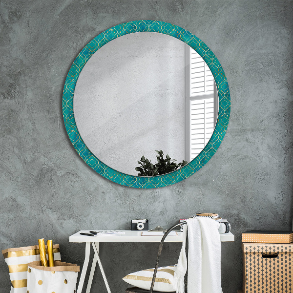 Round printed mirror Green and gold composition