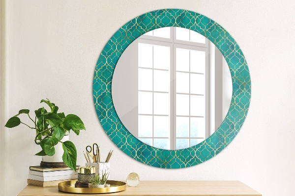 Round printed mirror Green and gold composition