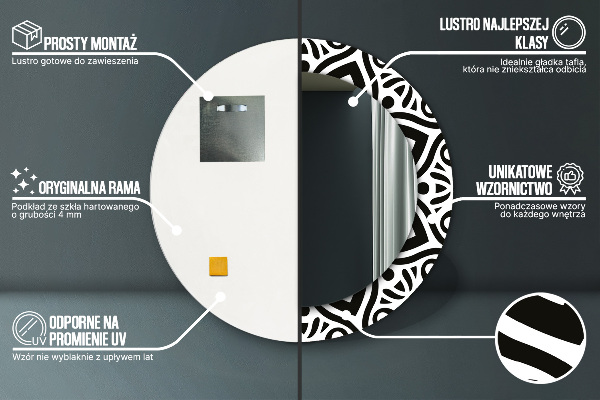 Round mirror frame with print Black geometric ornament