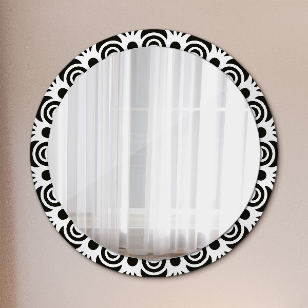 Round mirror frame with print Black geometric ornament