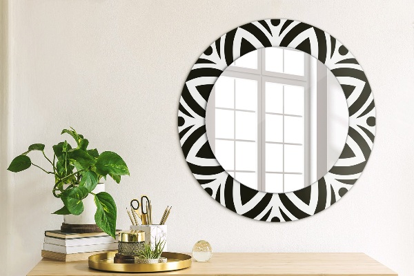 Round mirror frame with print Black geometric ornament