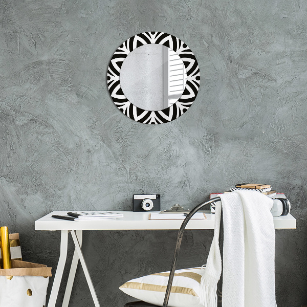 Round mirror frame with print Black geometric ornament