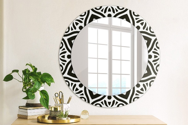 Round mirror frame with print Black geometric ornament