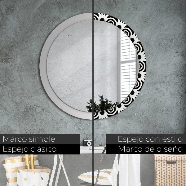 Round mirror frame with print Black geometric ornament