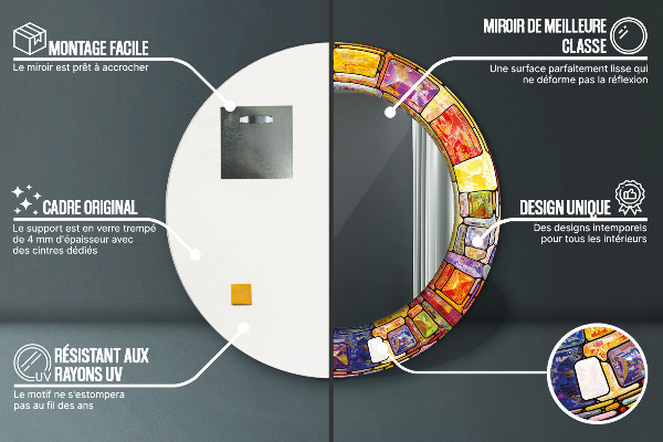 Ornate framed mirror Colored stained glass window