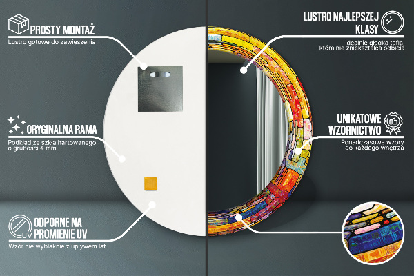 Ornate framed mirror Colored stained glass window