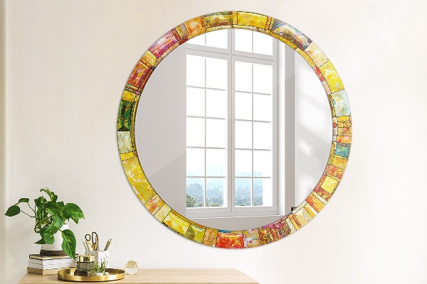 Ornate framed mirror Colored stained glass window