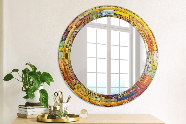 Ornate framed mirror Colored stained glass window