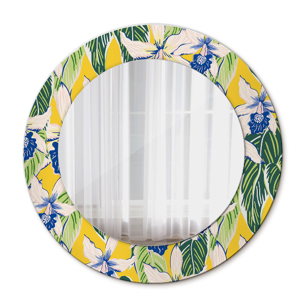 Round decorative mirror Blue and yellow orchids