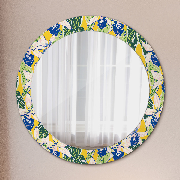 Round decorative mirror Blue and yellow orchids