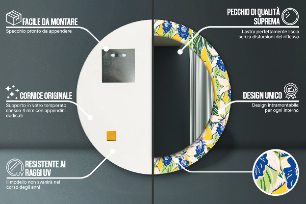 Round decorative mirror Blue and yellow orchids