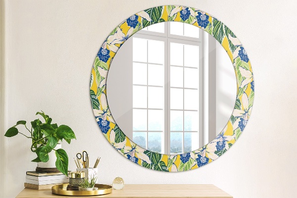 Round decorative mirror Blue and yellow orchids