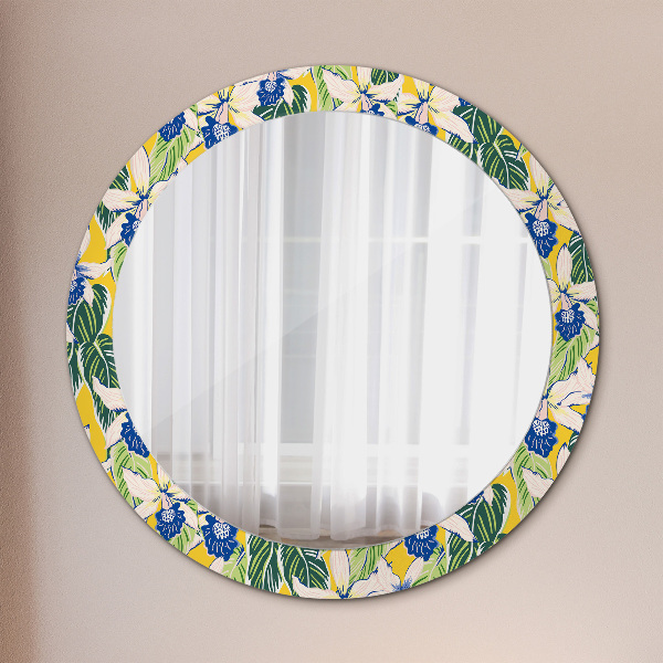 Round decorative mirror Blue and yellow orchids