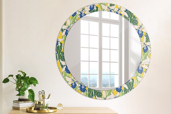 Round decorative mirror Blue and yellow orchids
