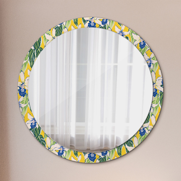 Round decorative mirror Blue and yellow orchids