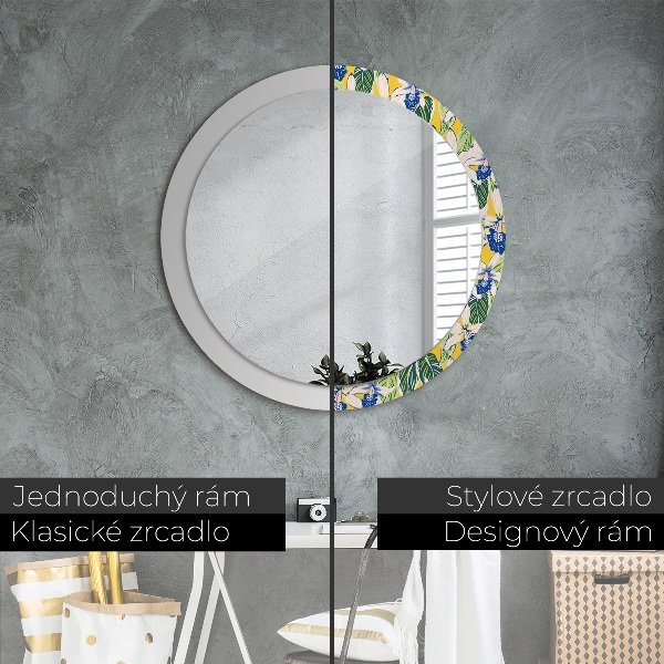Round decorative mirror Blue and yellow orchids