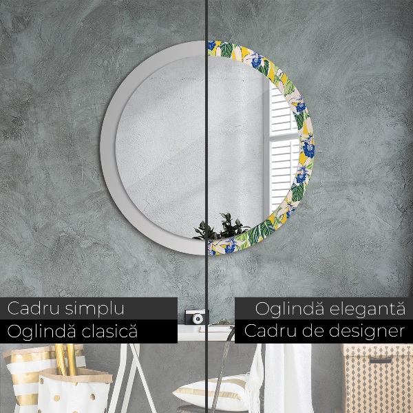 Round decorative mirror Blue and yellow orchids