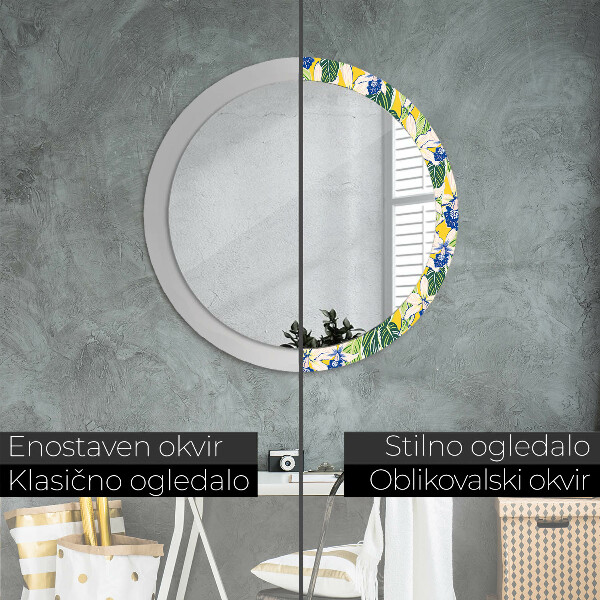 Round decorative mirror Blue and yellow orchids