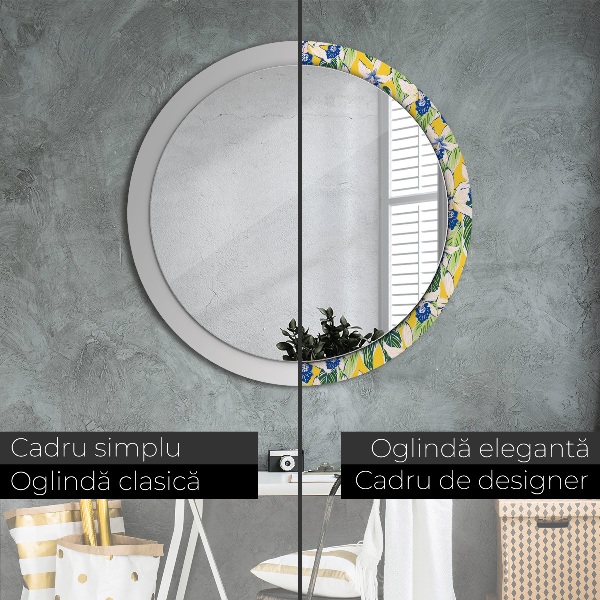 Round decorative mirror Blue and yellow orchids