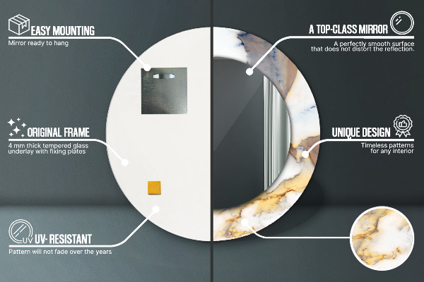 Round mirror frame with print White marble