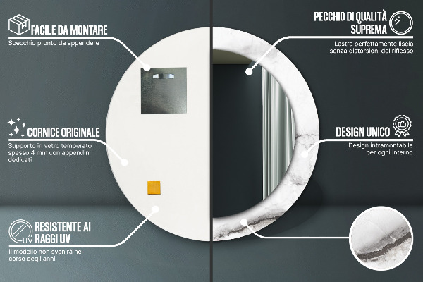 Round mirror frame with print White marble