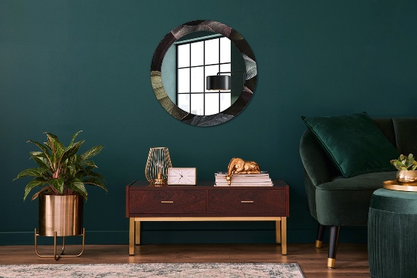 Round wall mirror design Dark tropical leaves