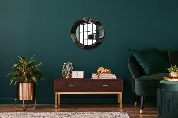 Round wall mirror design Dark tropical leaves