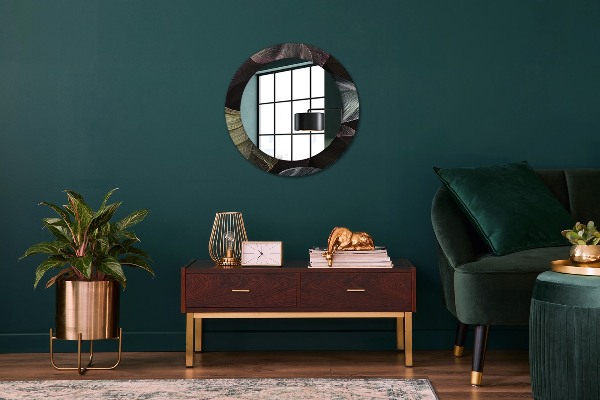 Round wall mirror design Dark tropical leaves