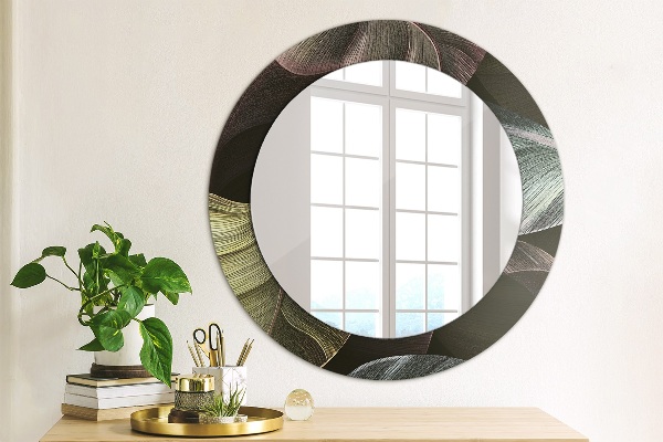 Round wall mirror design Dark tropical leaves