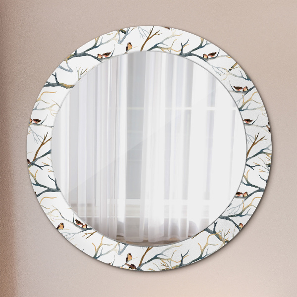 Round mirror frame with print Sparrows birds branches