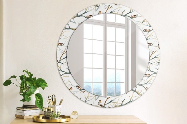 Round mirror frame with print Sparrows birds branches