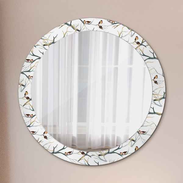 Round mirror frame with print Sparrows birds branches