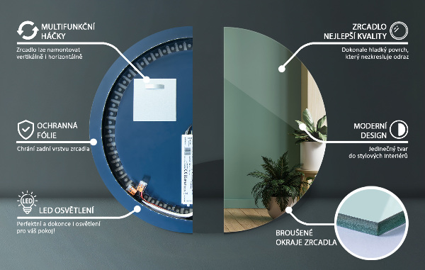 Round illuminated mirror without frame 90 cm