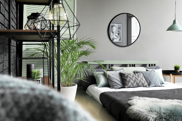 Round living room mirror with black frame 100 cm
