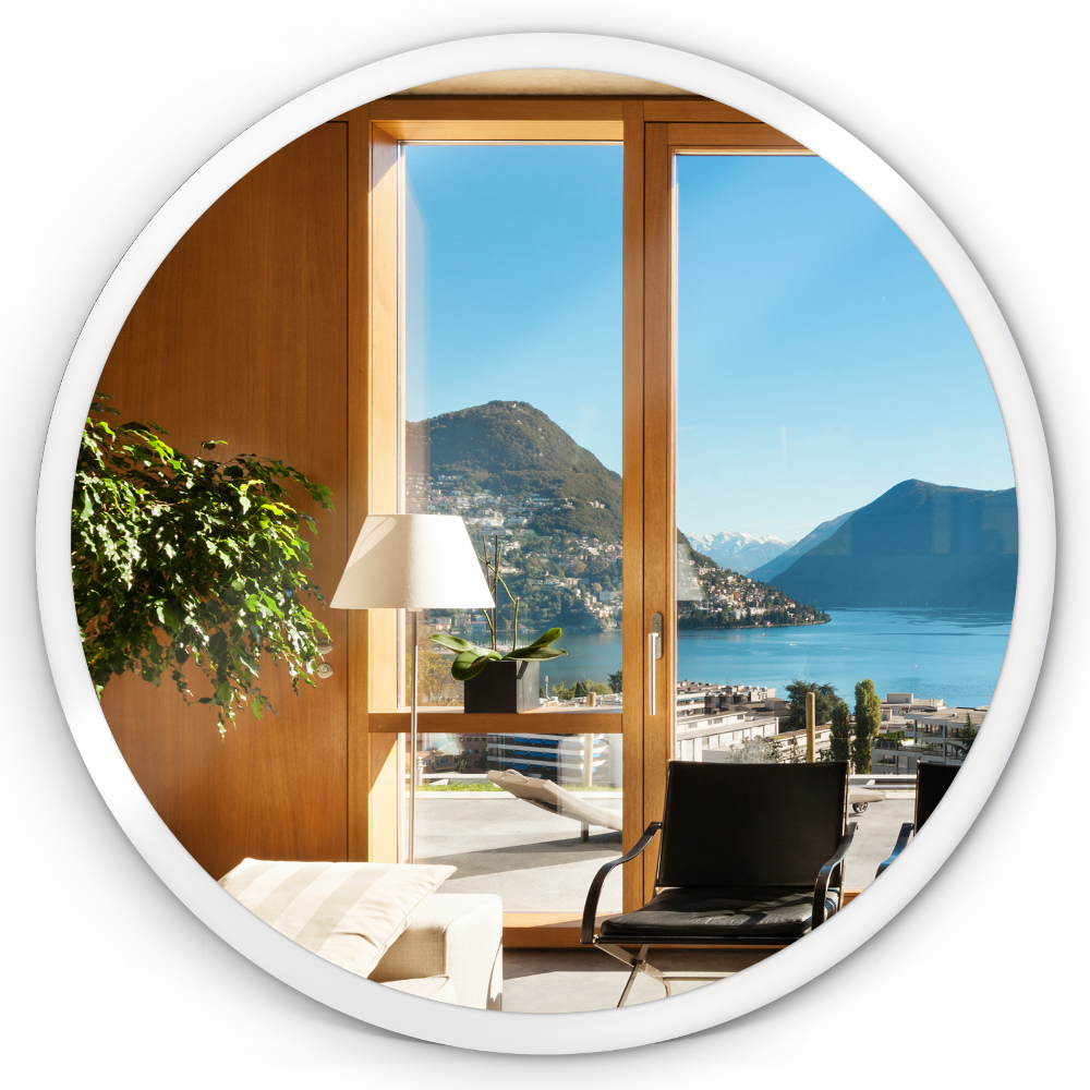 Round living room mirror with white frame 100 cm