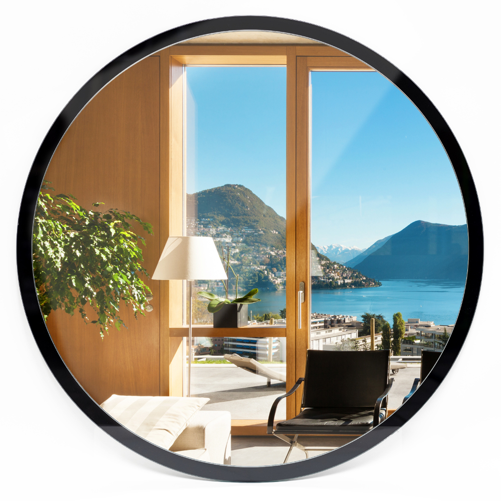 Round mirror with black frame for living room 90 cm