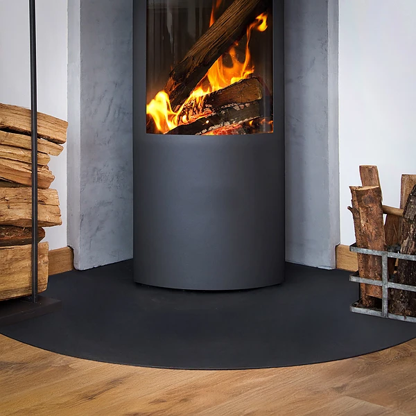 Quarter-circle black steel fireplace hearth pad 39x39 in