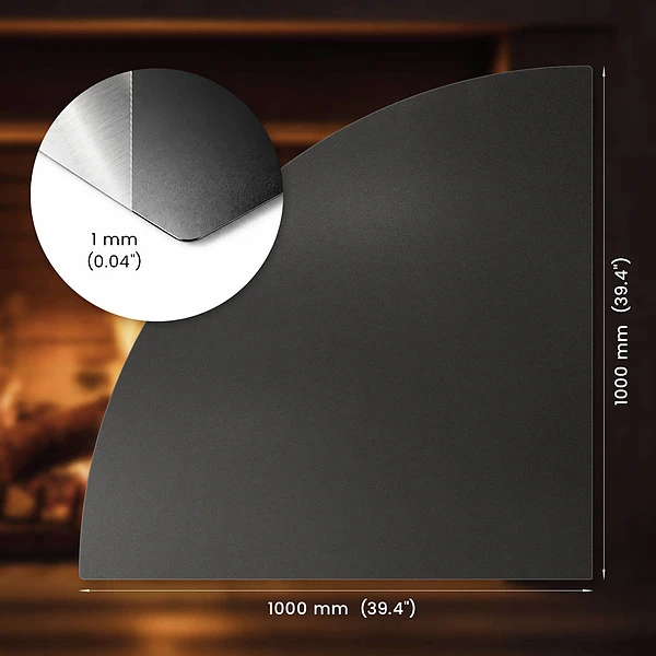 Quarter-circle black steel fireplace hearth pad 39x39 in