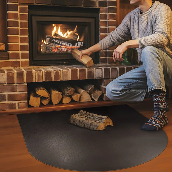 Semi-circular black steel fireplace hearth pad 39x39 inches