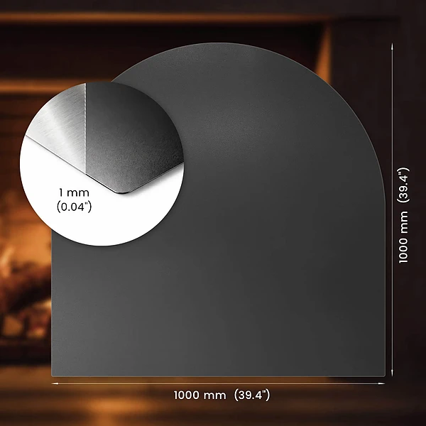 Semi-circular black steel fireplace hearth pad 39x39 inches