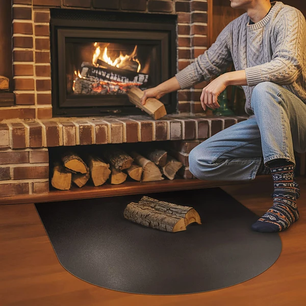 Semi-circular black steel fireplace hearth pad 31x35 in