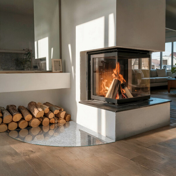 Quarter-circle toughened glass hearths Raw concrete texture