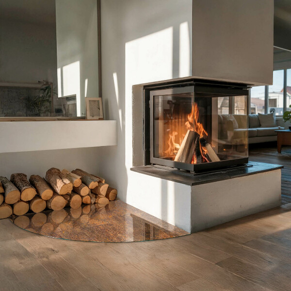 Quarter-circle tempered glass hearth Rust texture on the background