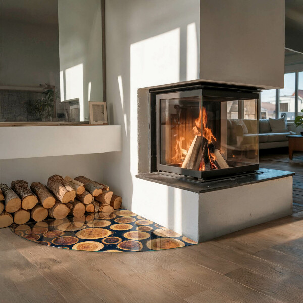 Quarter-circle glass hearth plate Box with cut wood