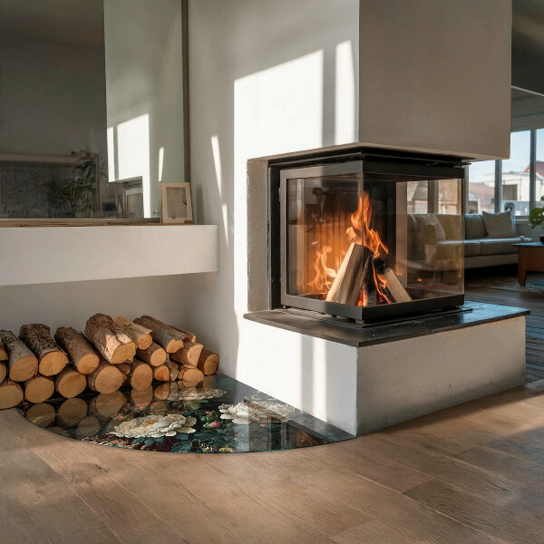 Quarter-circle toughened glass hearths Floral pattern with butterflies