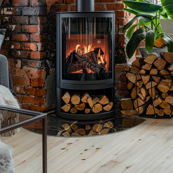 Quarter-circle tempered glass hearth Elegant marble with veins